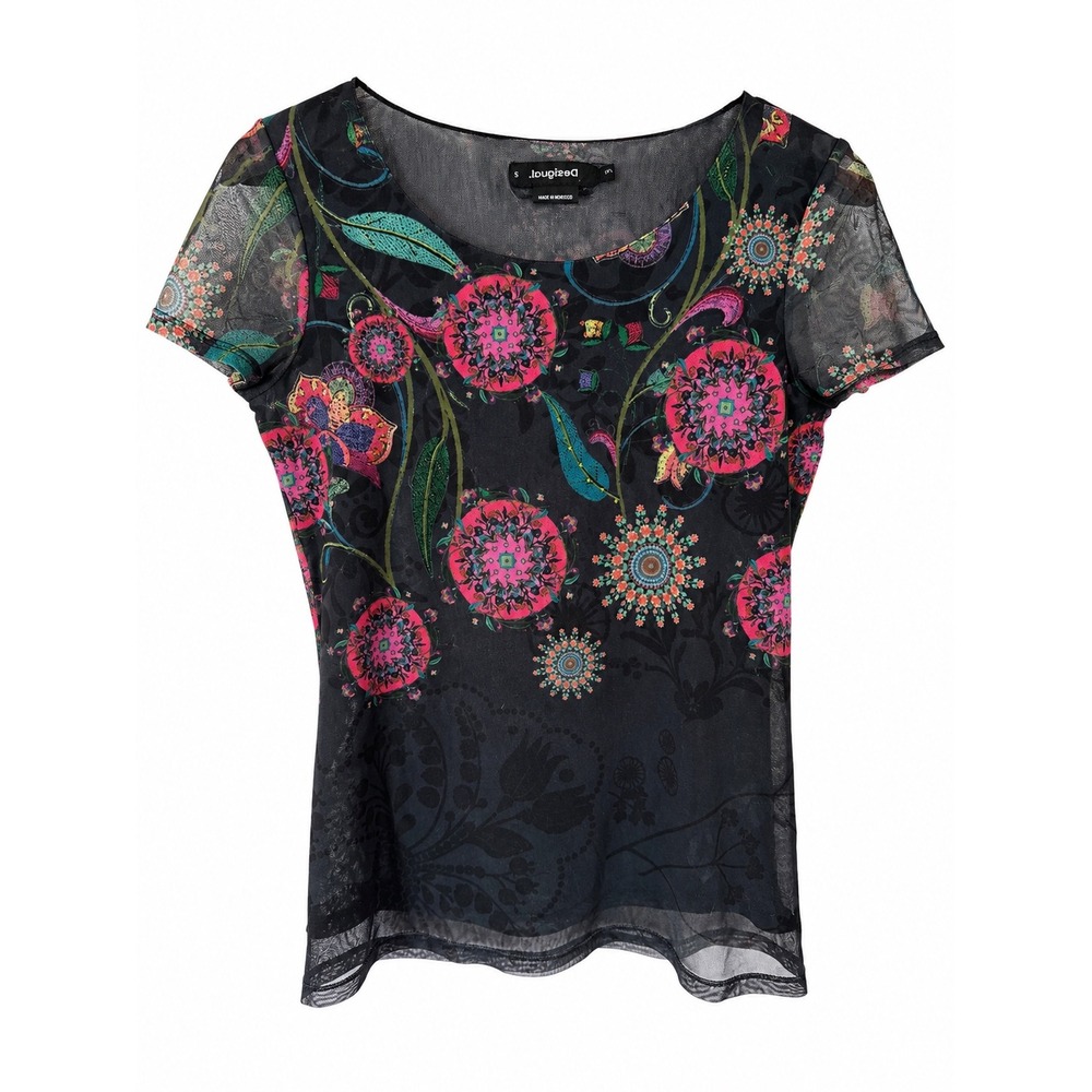 Desigual Womens Black Mesh Floral‎ Mandala Rhinestone Short Sleeve Top Size S